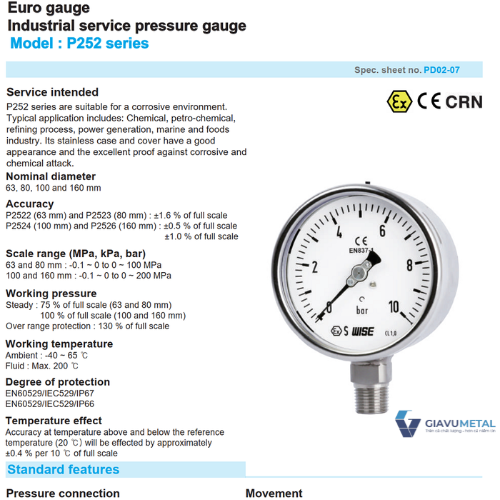 Đồng hồ áp suất WISE P252 giavu