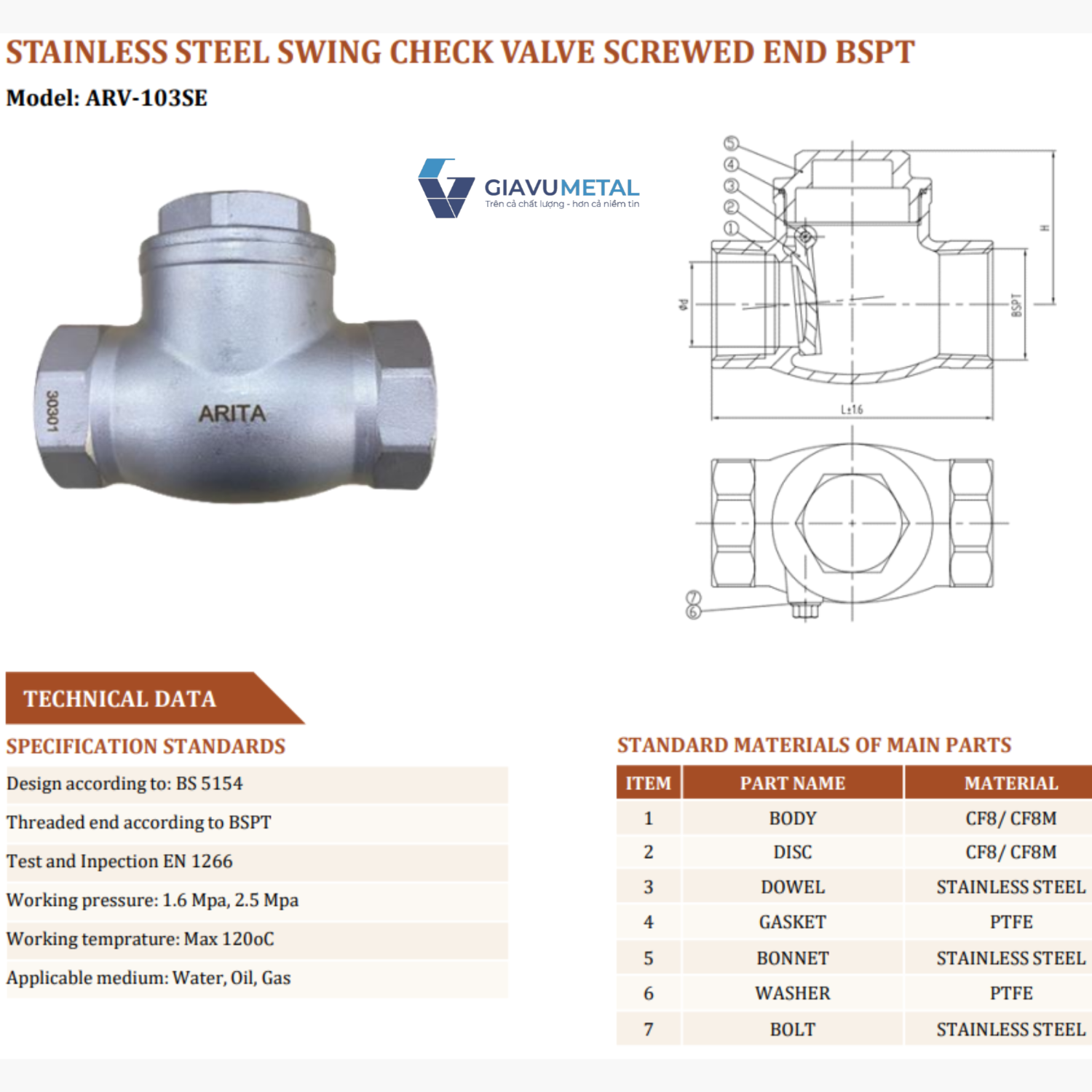 Van 1 chieu lat lat inox SS304 Arita ARV 103SE