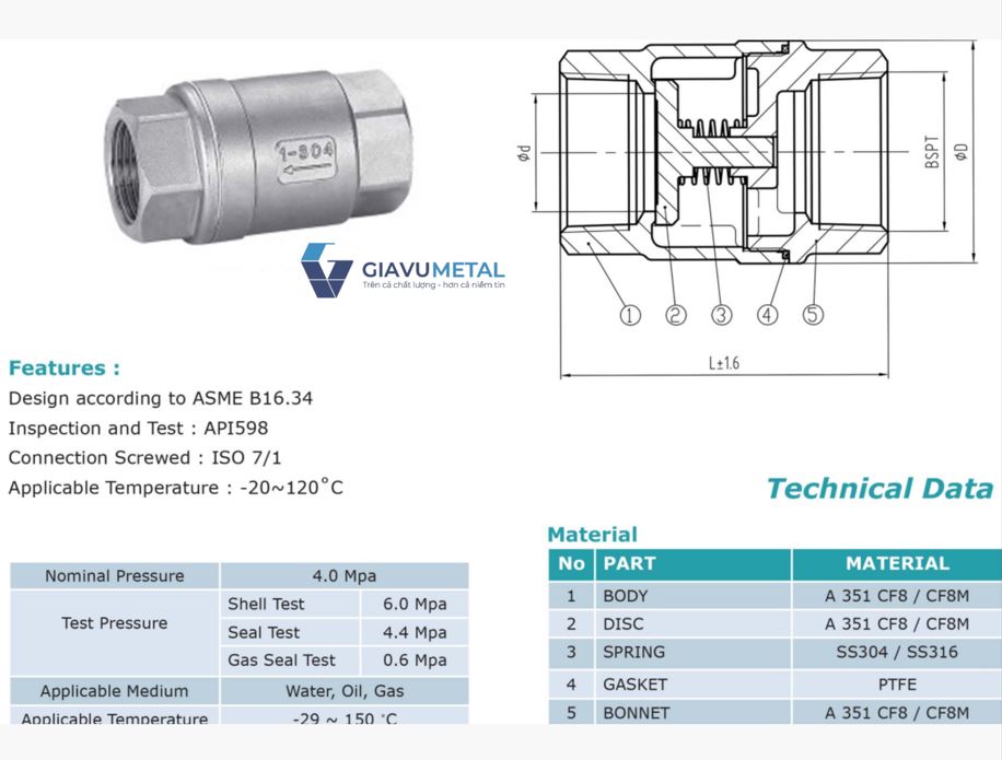 Van 1 chieu lo xo Inox ARITA ARF 114SE
