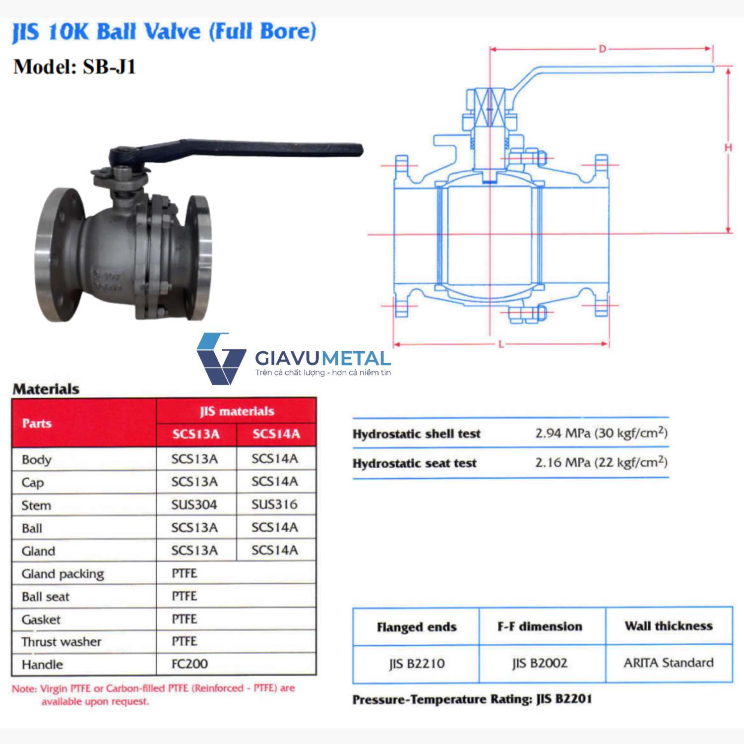 Van bi inox 2 manh tay gat thep Arita SB J1