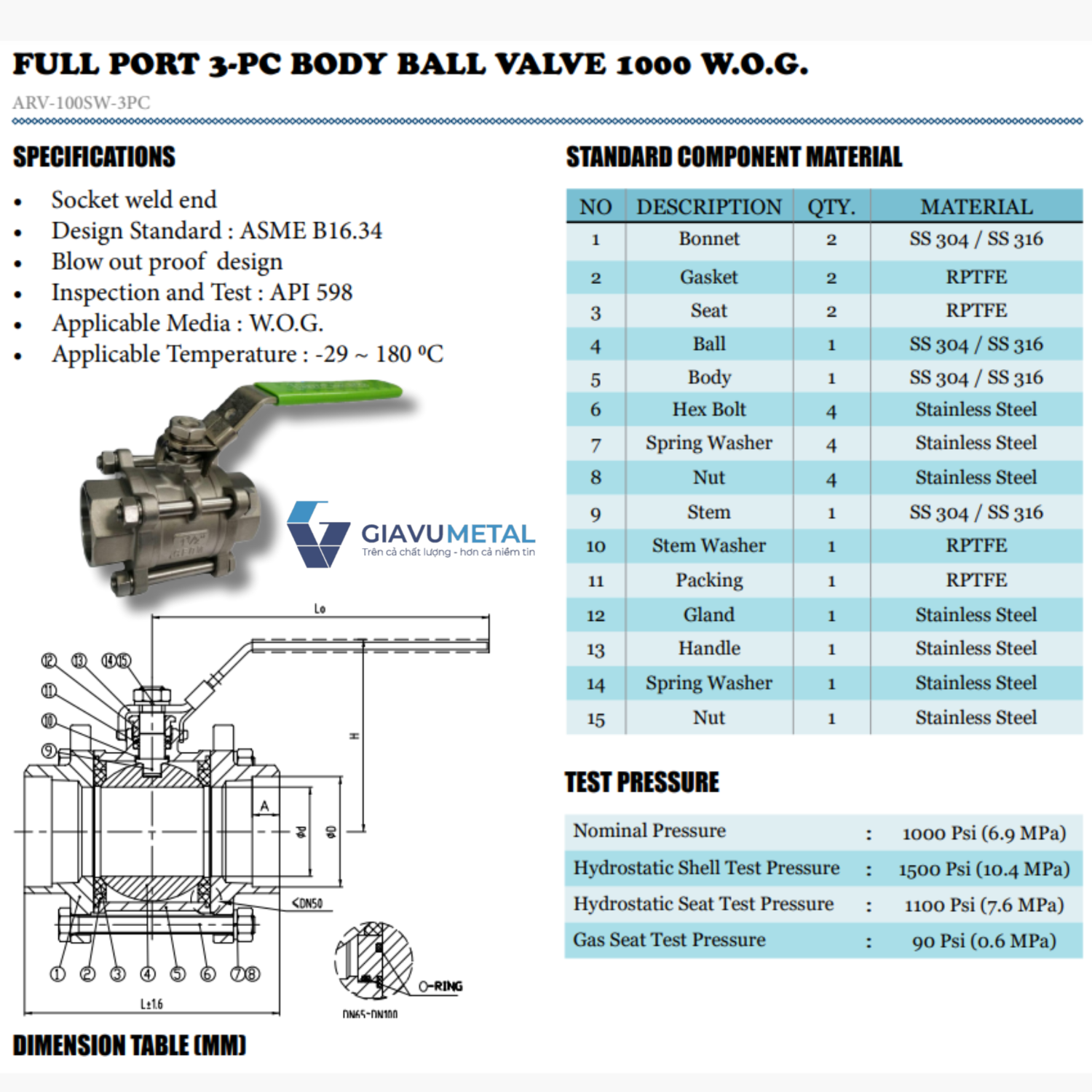 Van bi noi han Socket Weld 3 manh ARITA ARV 100SW 3PC