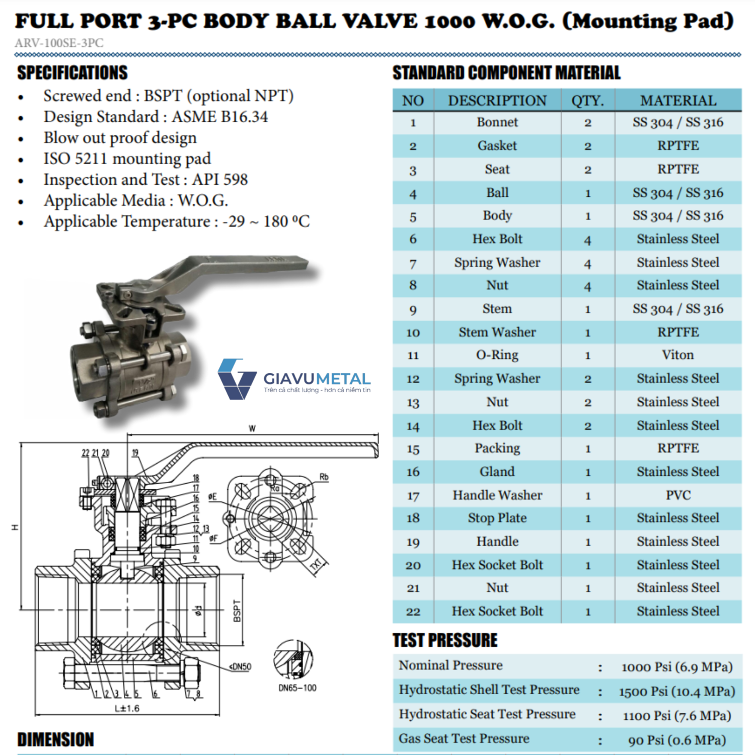 Van bi tay gat 3PC 304 Arita ARV 100SE 3PC
