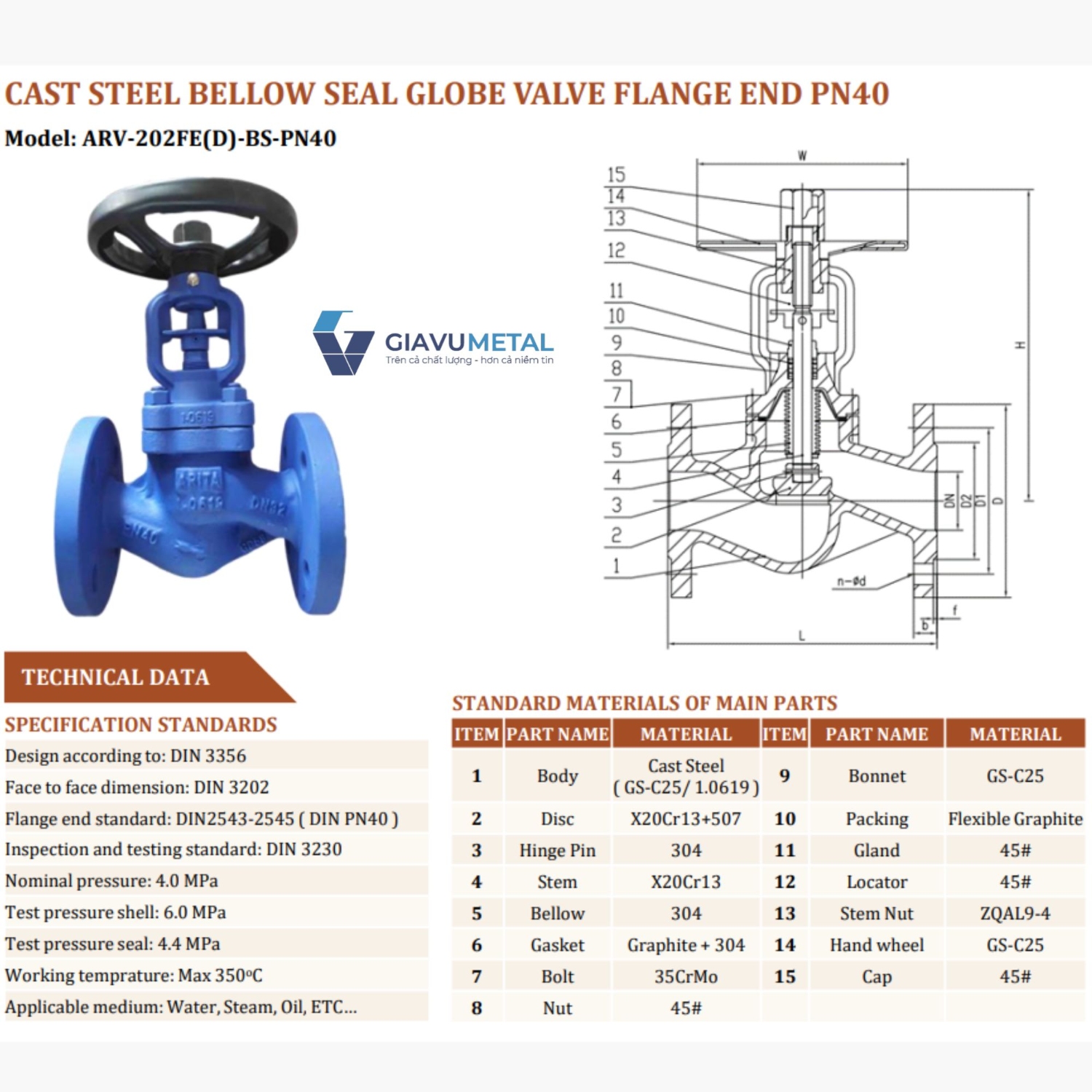 Van cau thep chu nga Bellow Seal Arita ARV 202FED BS PN40