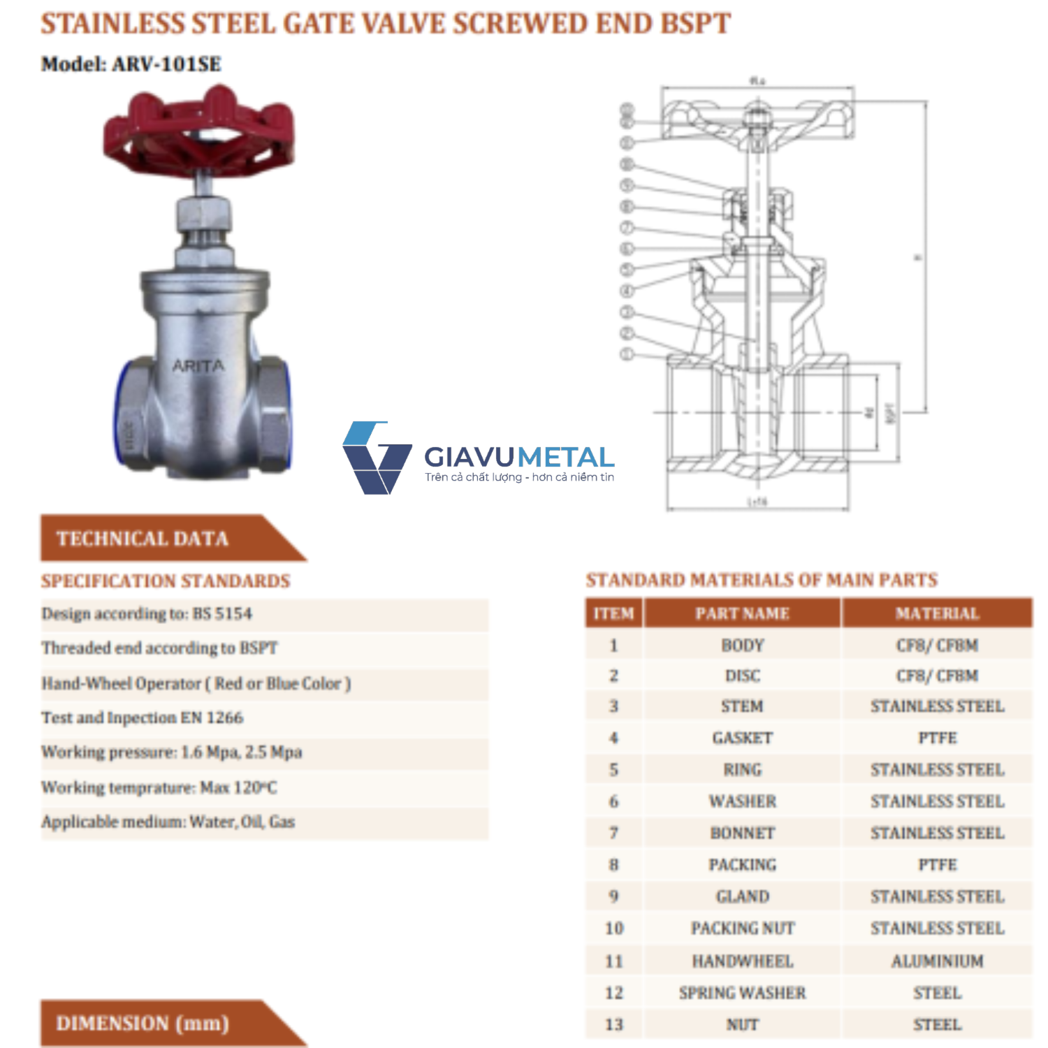 Van cổng inox nối ren Arita ARV 101SE